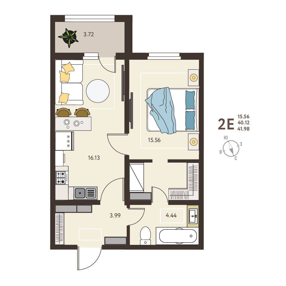 Планировка: 1-комнатная квартира, 41,98 м²