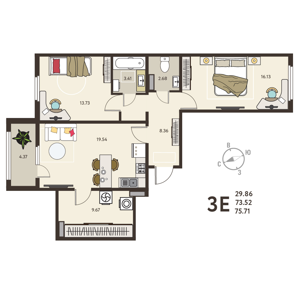 Планировка: 2-комнатная квартира, 75,71 м²