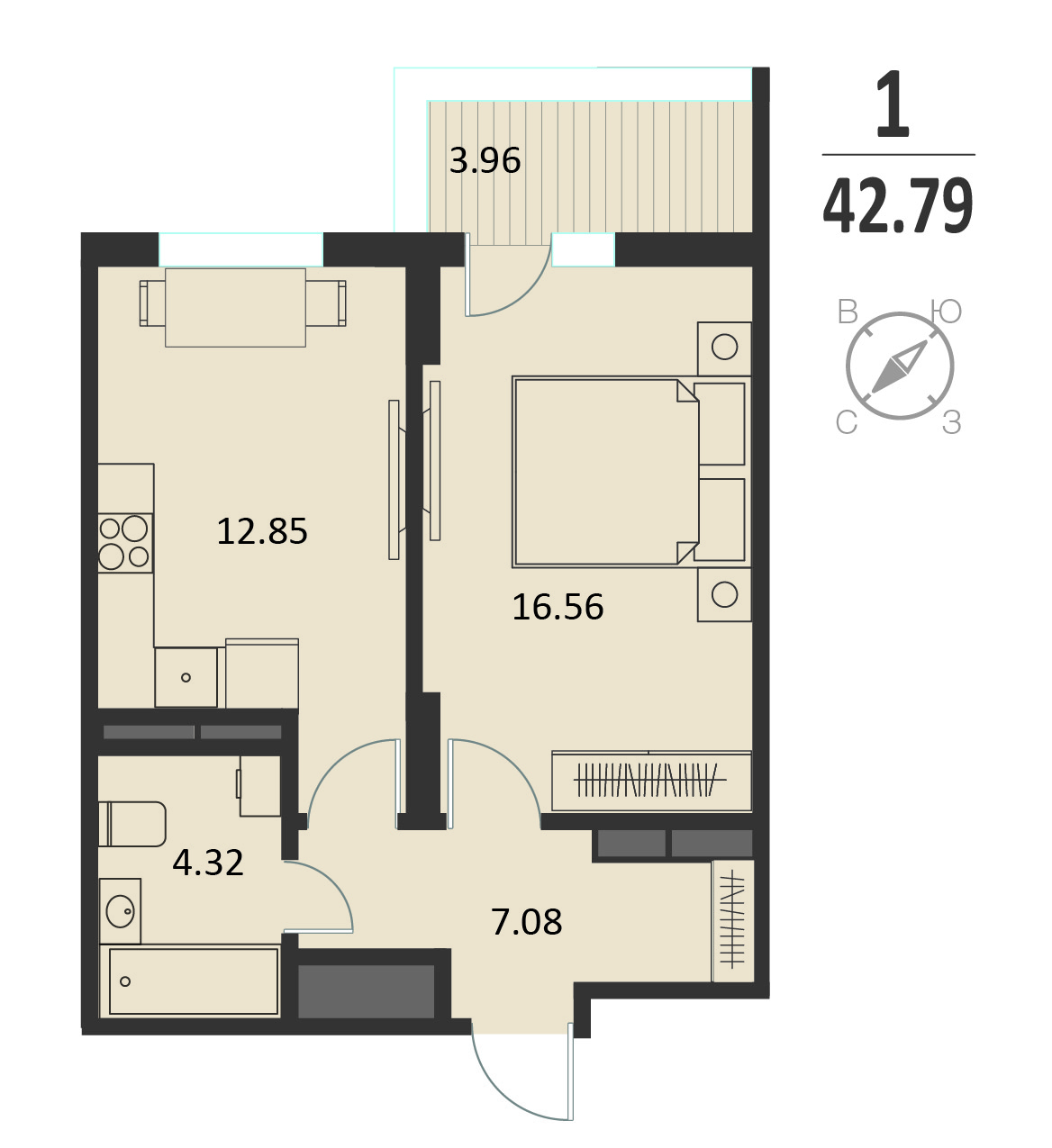 Планировка: 1-комнатная квартира, 42,79 м²