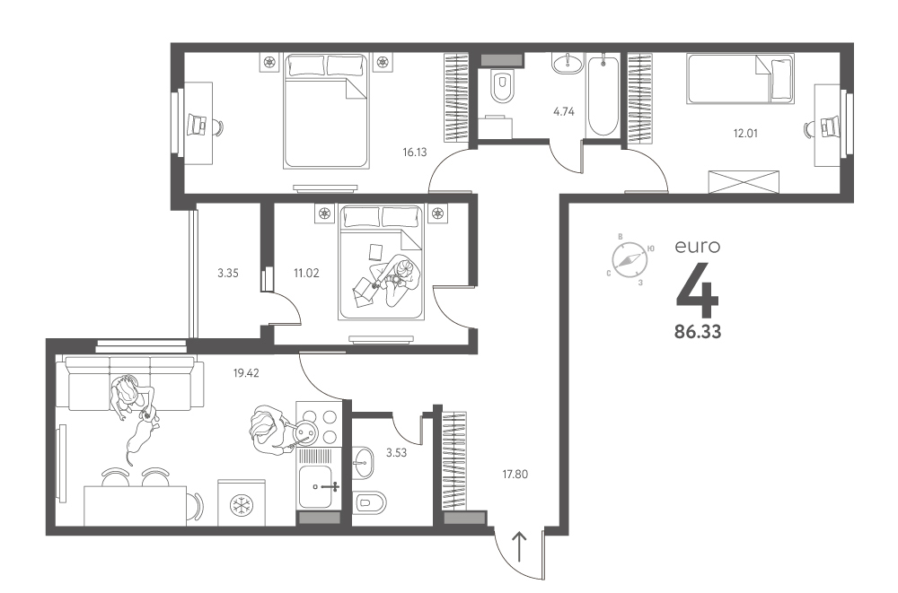 Планировка: 3-комнатная квартира, 86,33 м²