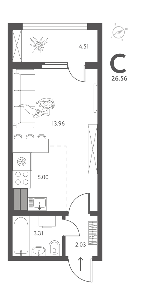 Планировка: Студия, 26,56 м²
