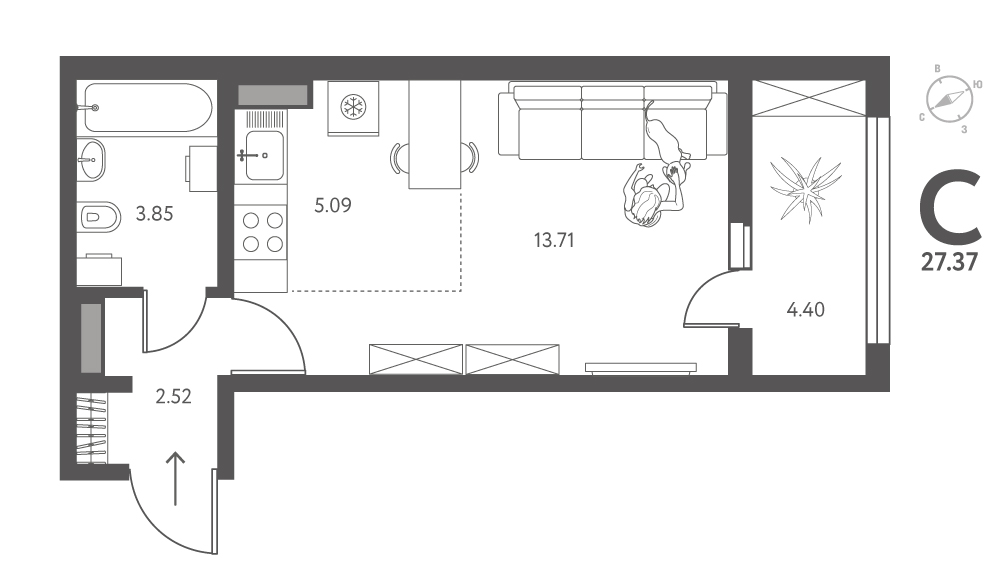 Планировка: Студия, 27,37 м²