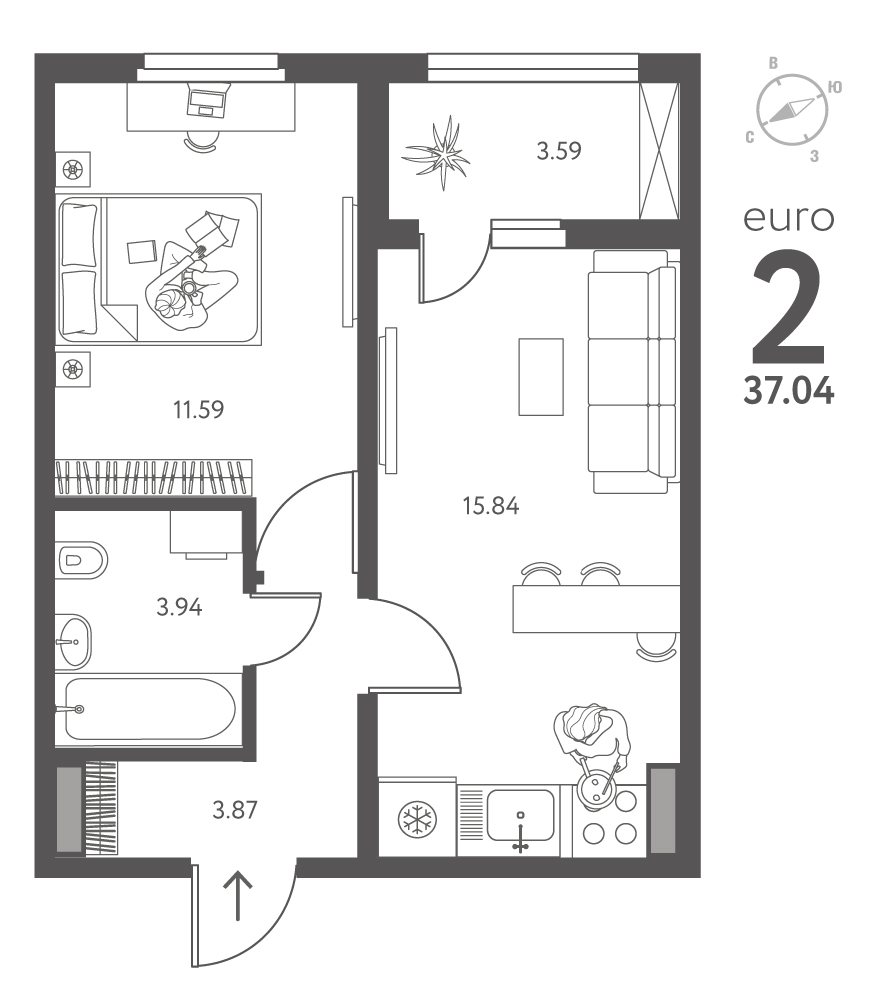 Планировка: 1-комнатная квартира, 37,04 м²