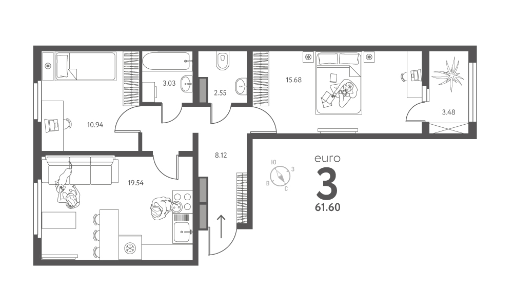 Планировка: 2-комнатная квартира, 61,6 м²