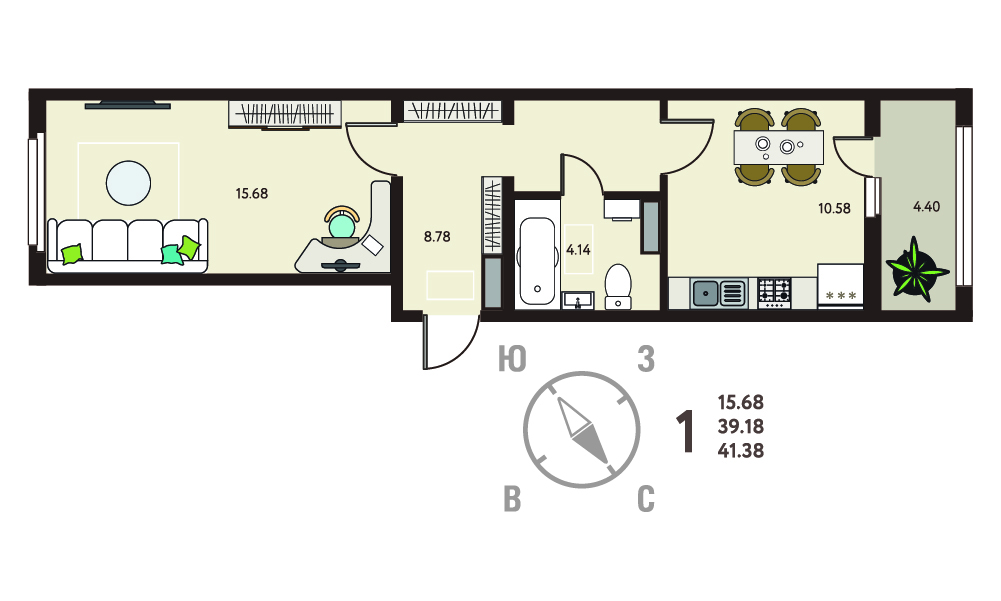 Планировка: 1-комнатная квартира, 41,38 м²