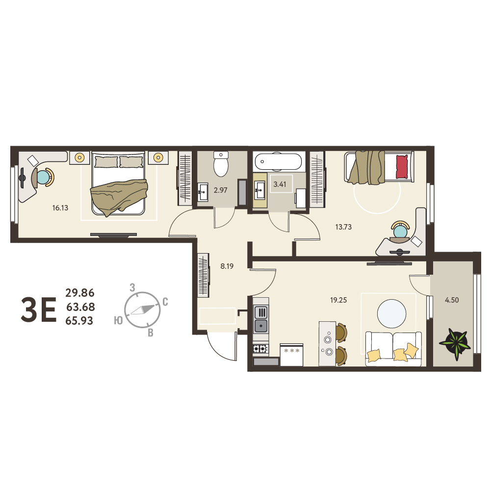 Планировка: 2-комнатная квартира, 65,93 м²