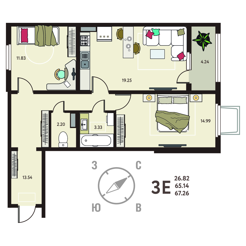 Планировка: 2-комнатная квартира, 67,26 м²