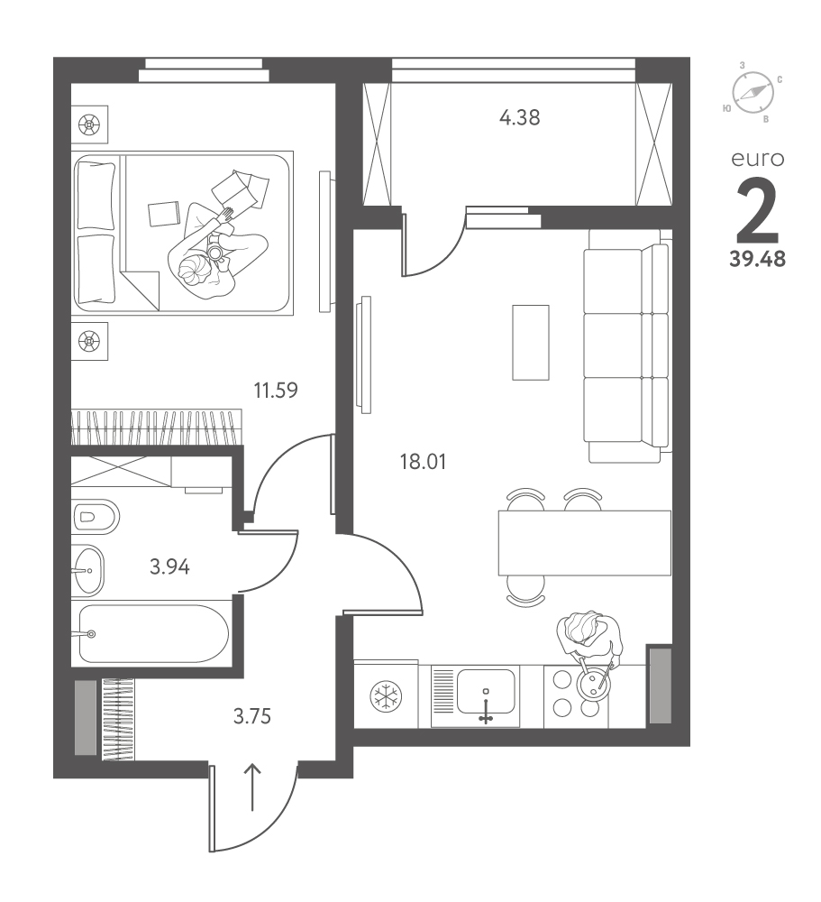 Планировка: 1-комнатная квартира, 39,48 м²
