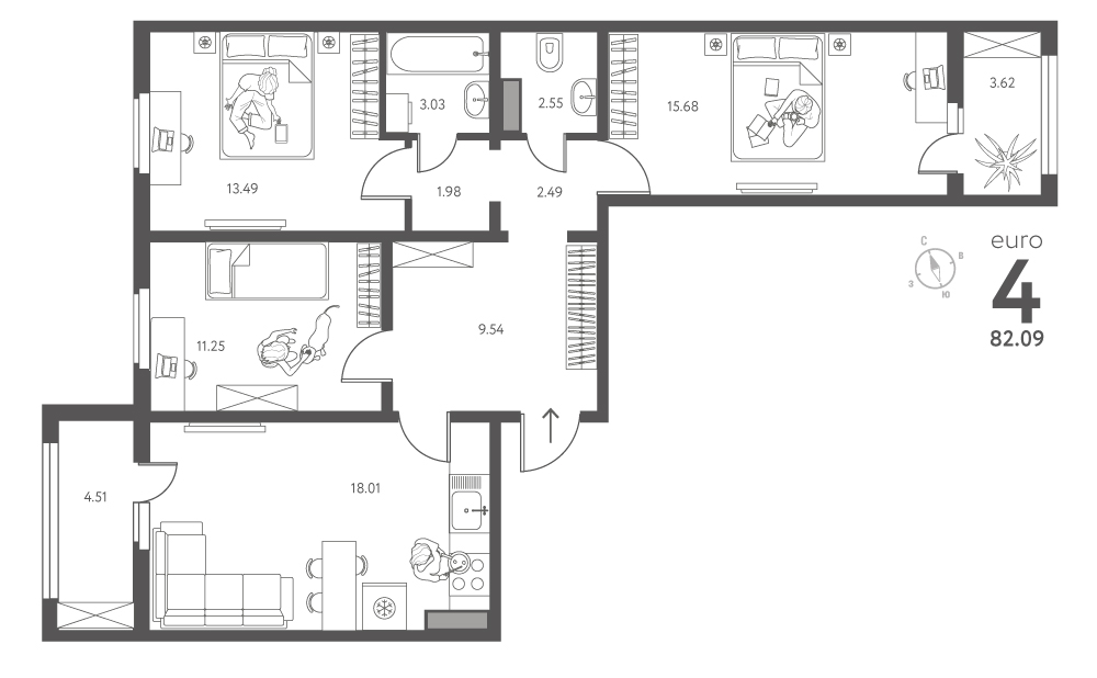 Планировка: 3-комнатная квартира, 82,09 м²