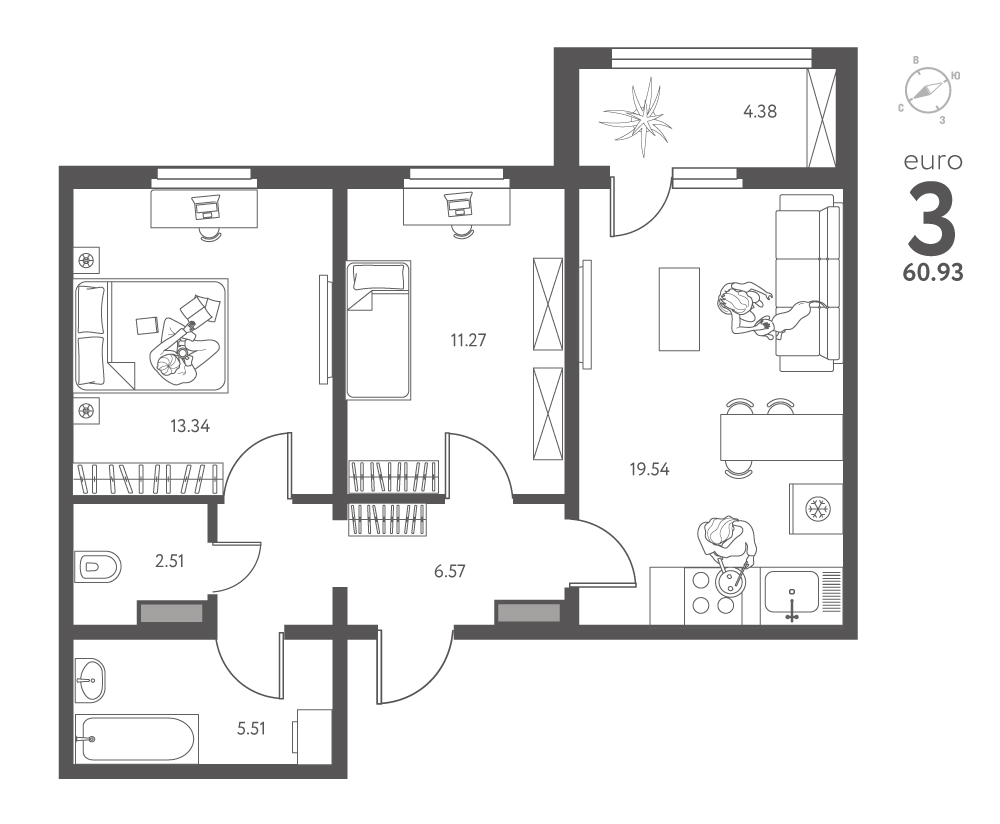 Планировка: 2-комнатная квартира, 60,93 м²