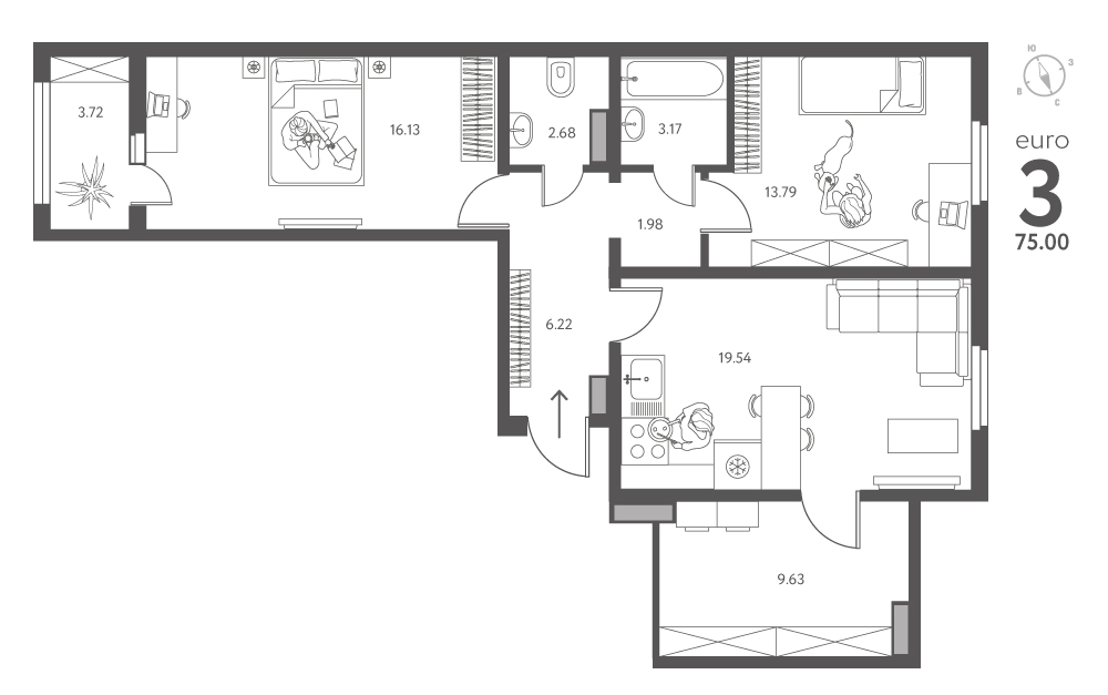 Планировка: 2-комнатная квартира, 75 м²