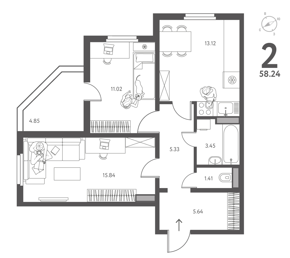 Планировка: 2-комнатная квартира, 58,24 м²