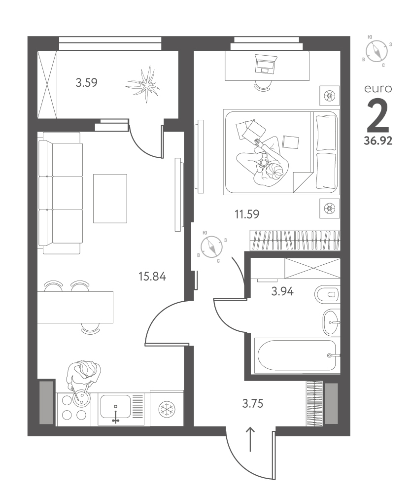 Планировка: 1-комнатная квартира, 36,92 м²