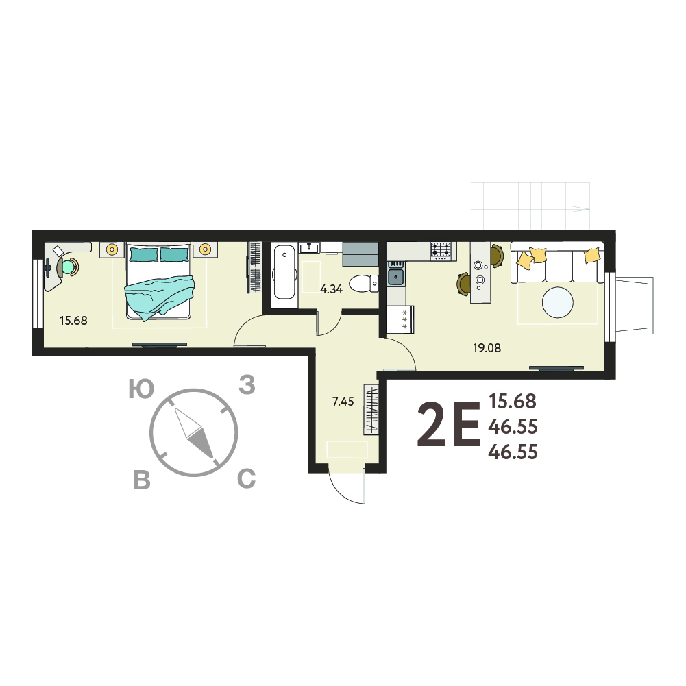 Планировка: 1-комнатная квартира, 46,55 м²