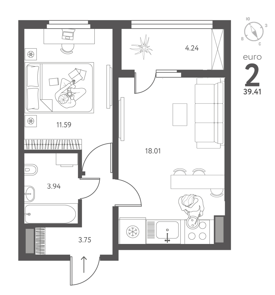 Планировка: 1-комнатная квартира, 39,41 м²