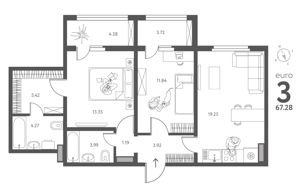 Планировка: 2-комнатная квартира, 67,28 м²