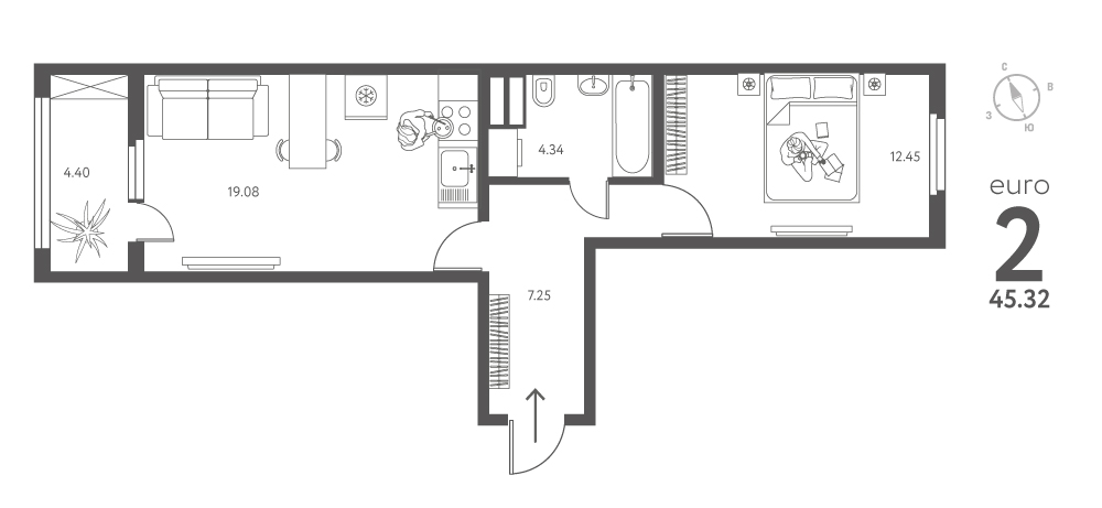 Планировка: 1-комнатная квартира, 45,32 м²