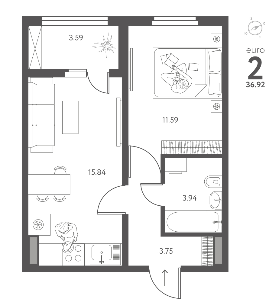 Планировка: 1-комнатная квартира, 36,92 м²