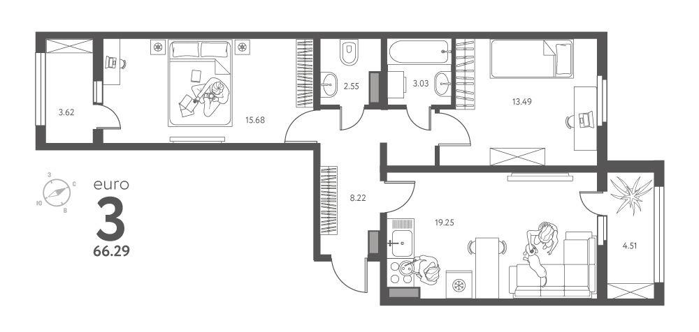 Планировка: 2-комнатная квартира, 66,29 м²
