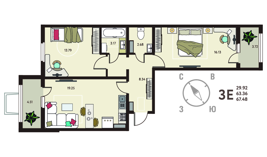 Планировка: 2-комнатная квартира, 67,48 м²