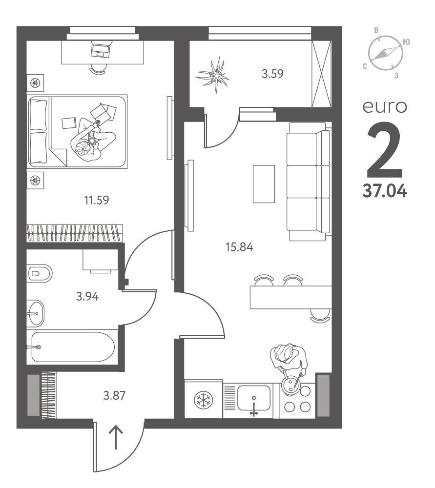 Планировка: 1-комнатная квартира, 37,04 м²