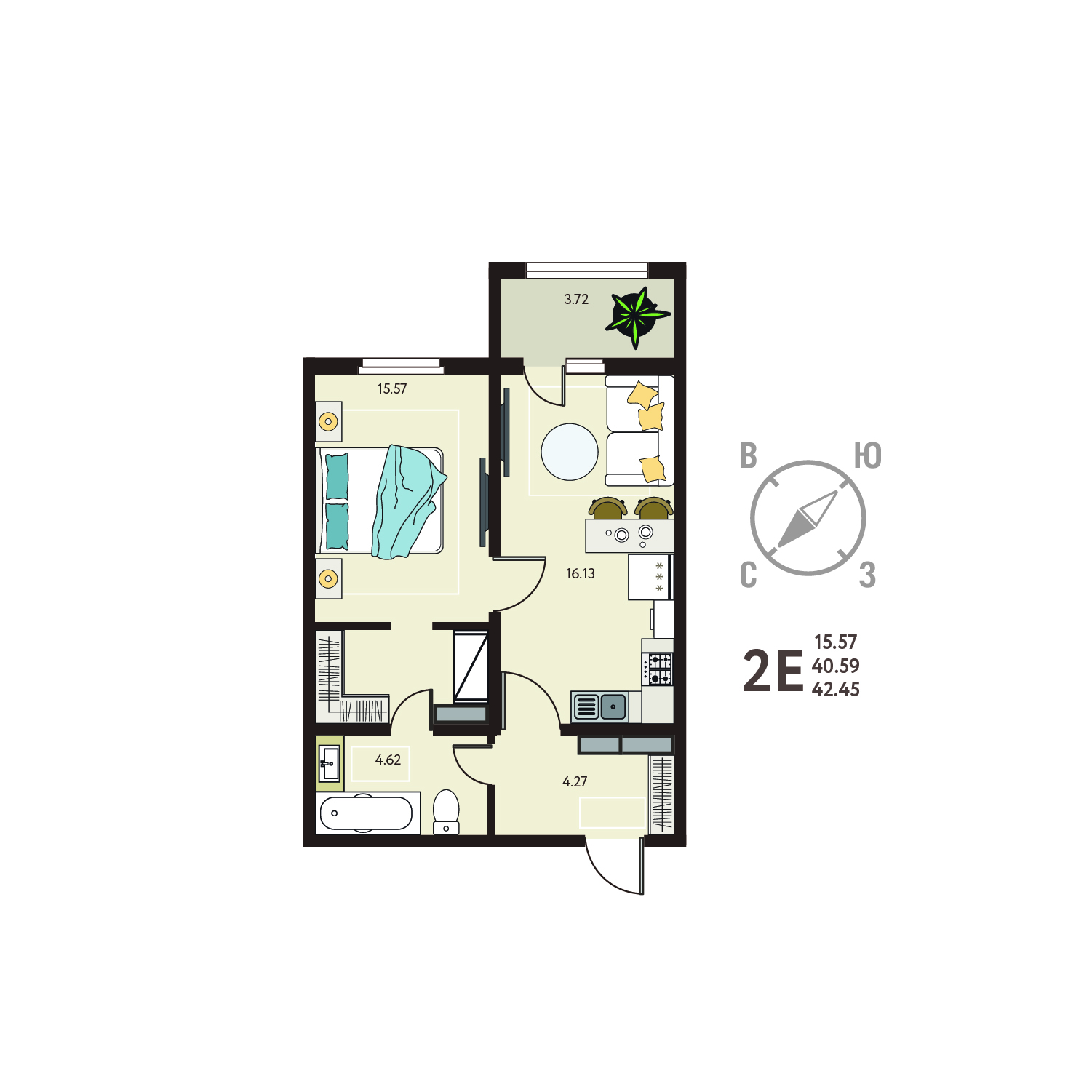 Планировка: 1-комнатная квартира, 42,45 м²