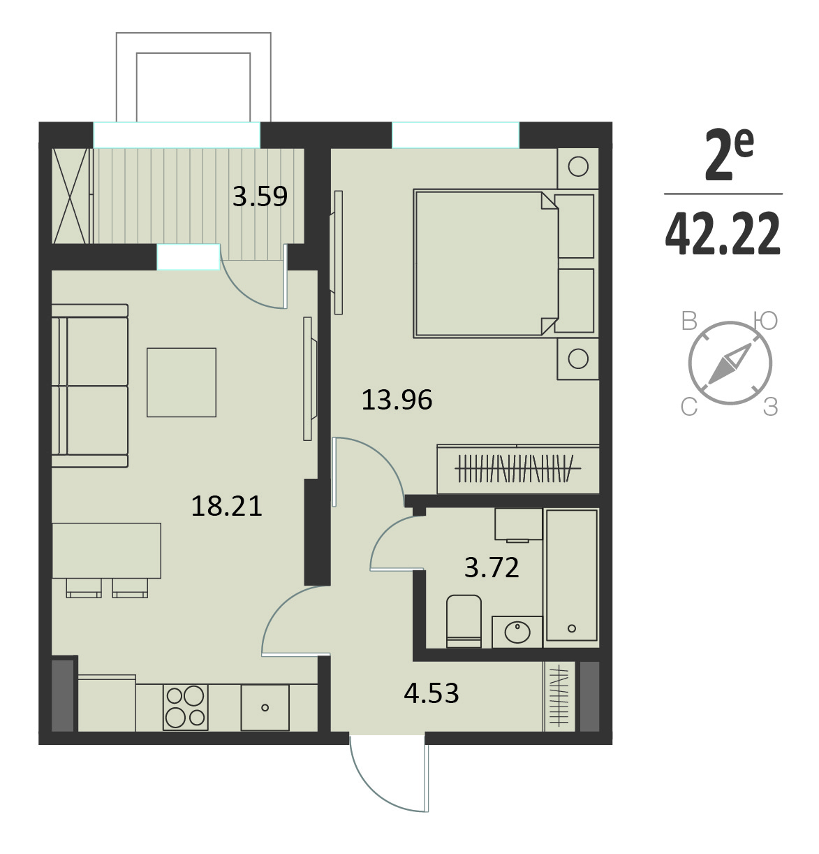 Планировка: 1-комнатная квартира, 42,22 м²