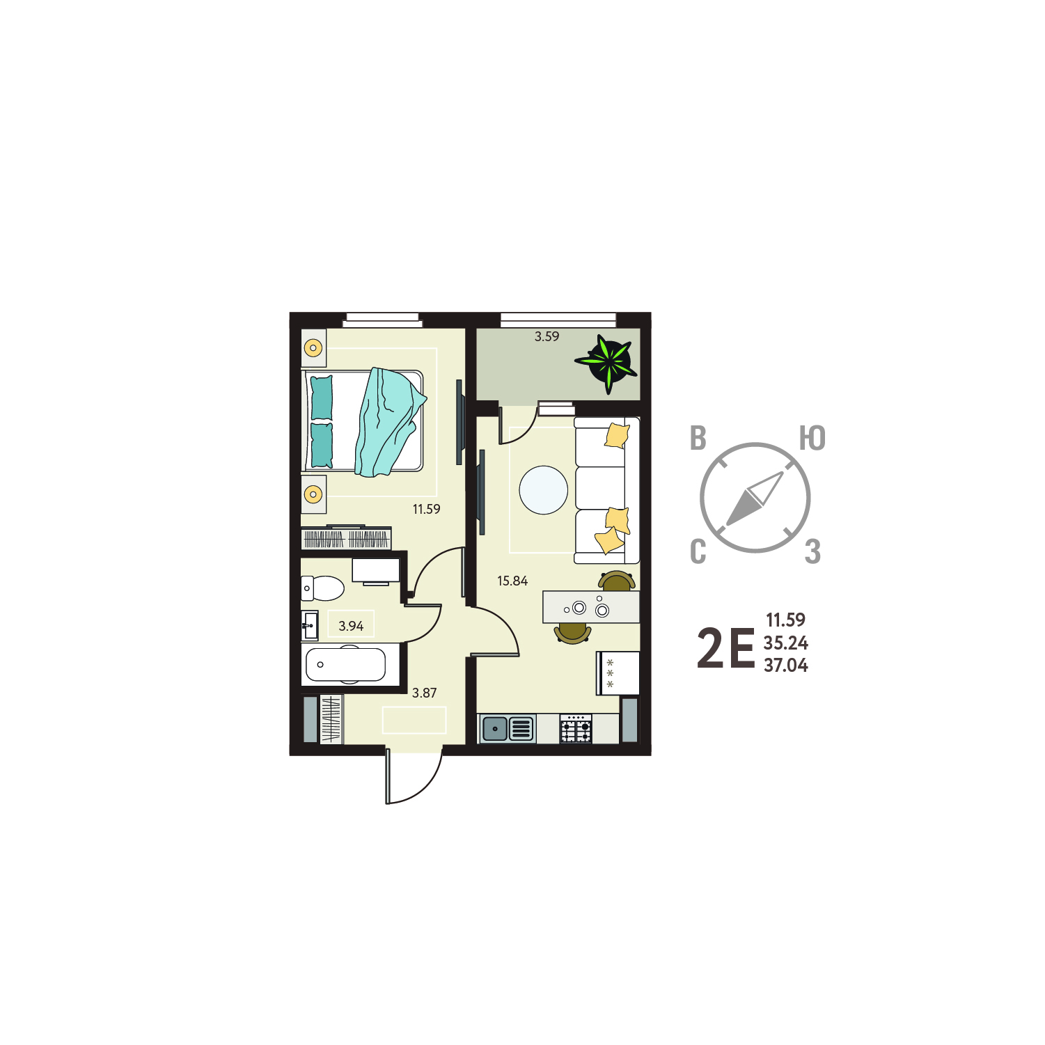 Планировка: 1-комнатная квартира, 37,04 м²