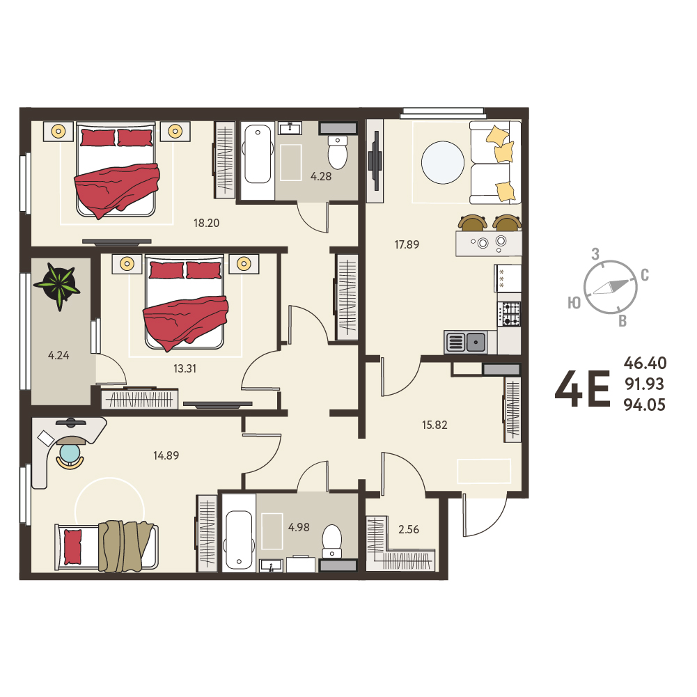 Планировка: 3-комнатная квартира, 94,05 м²