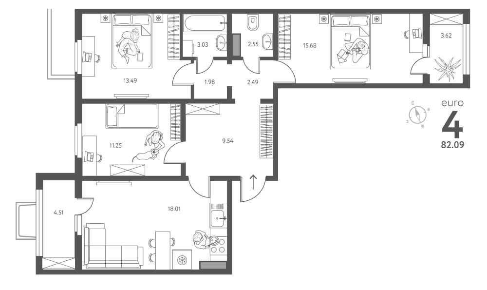 Планировка: 3-комнатная квартира, 82,09 м²