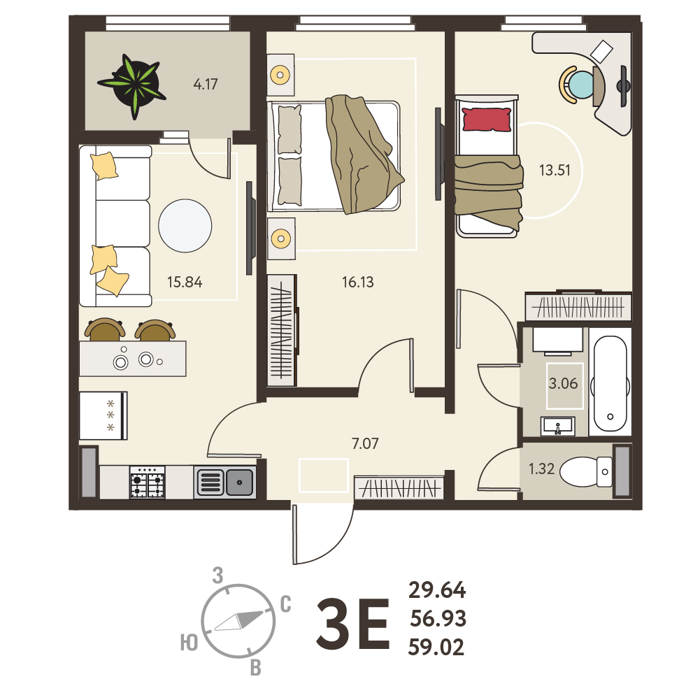 Планировка: 2-комнатная квартира, 59,02 м²