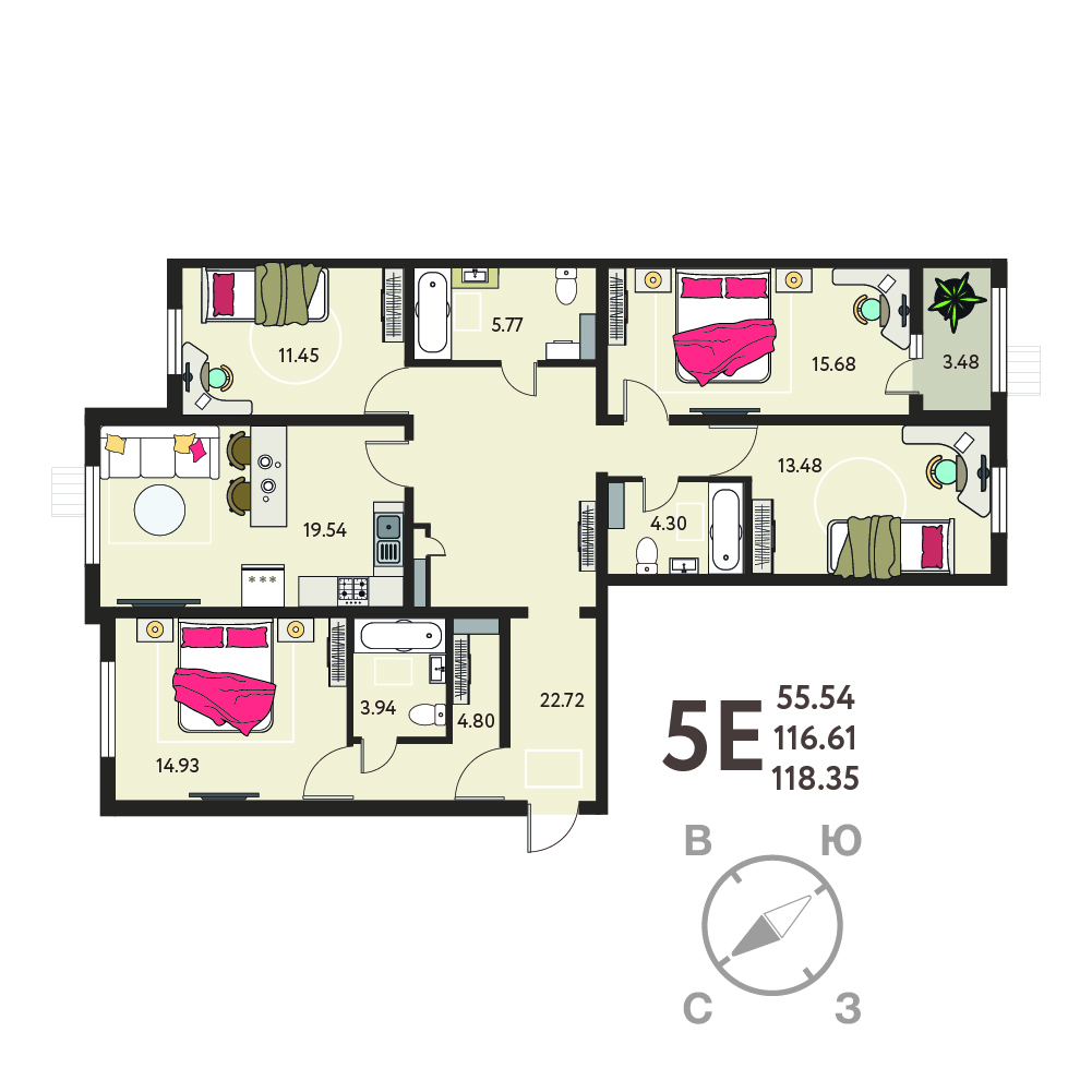 Планировка: 4-комнатная квартира, 118,35 м²