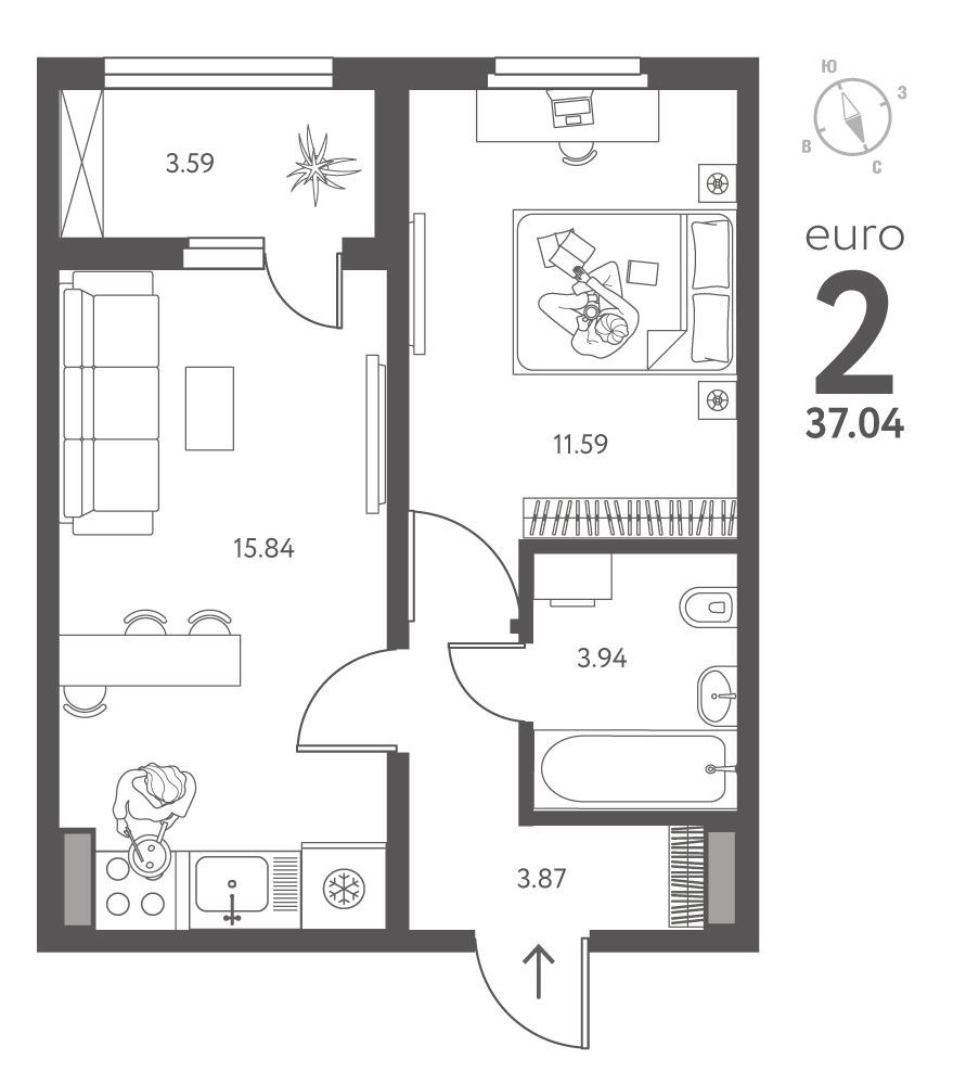 Планировка: 1-комнатная квартира, 37,04 м²