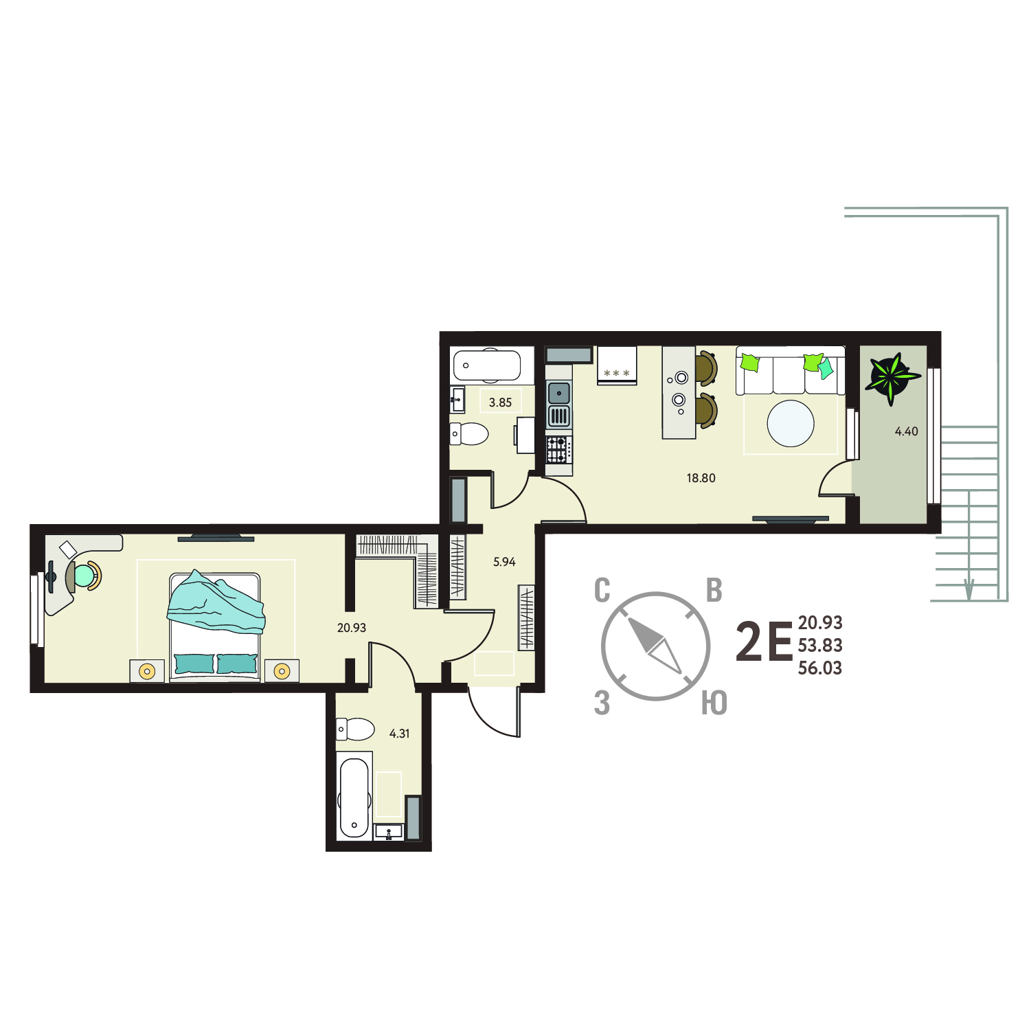 Планировка: 1-комнатная квартира, 56,03 м²