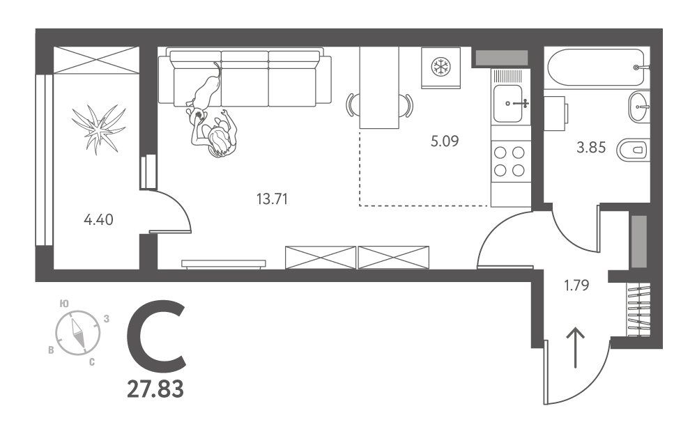 Планировка: Студия, 27,83 м²