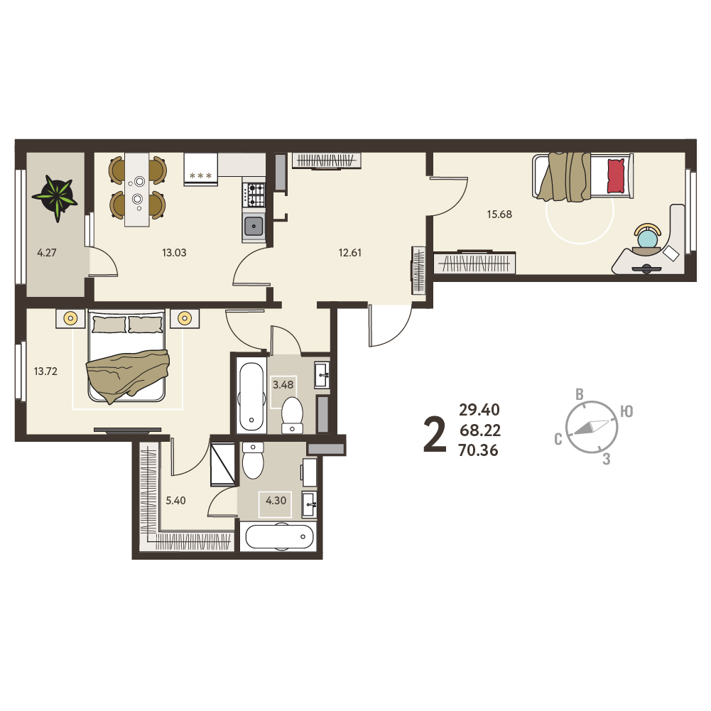 Планировка: 2-комнатная квартира, 70,36 м²