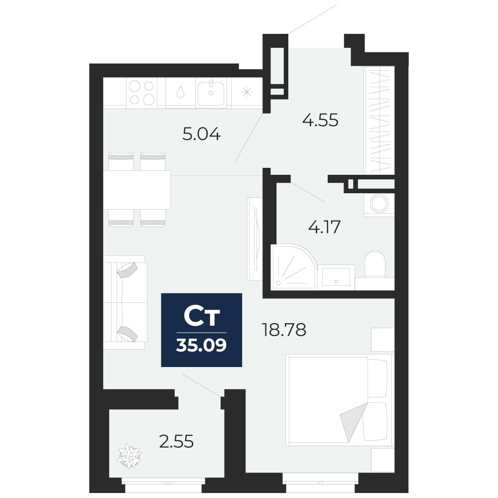 Планировка: Квартира-студия, 35,09 м²