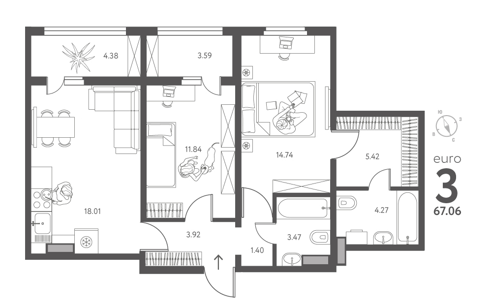 Планировка: 2-комнатная квартира, 67,06 м²