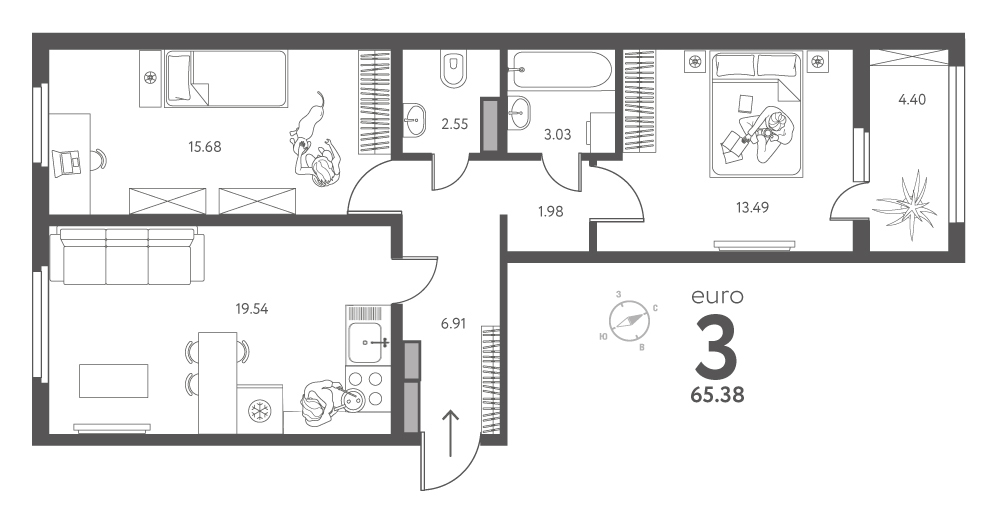 Планировка: 2-комнатная квартира, 65,38 м²