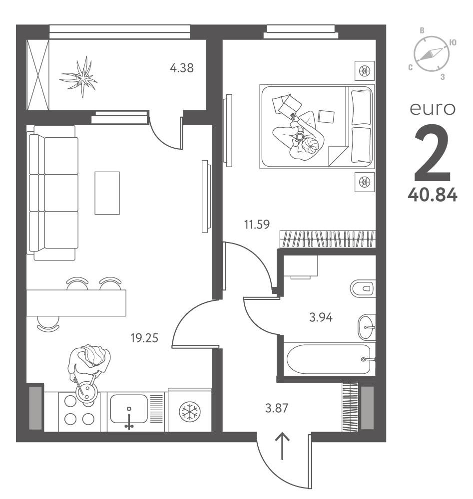 Планировка: 1-комнатная квартира, 40,84 м²