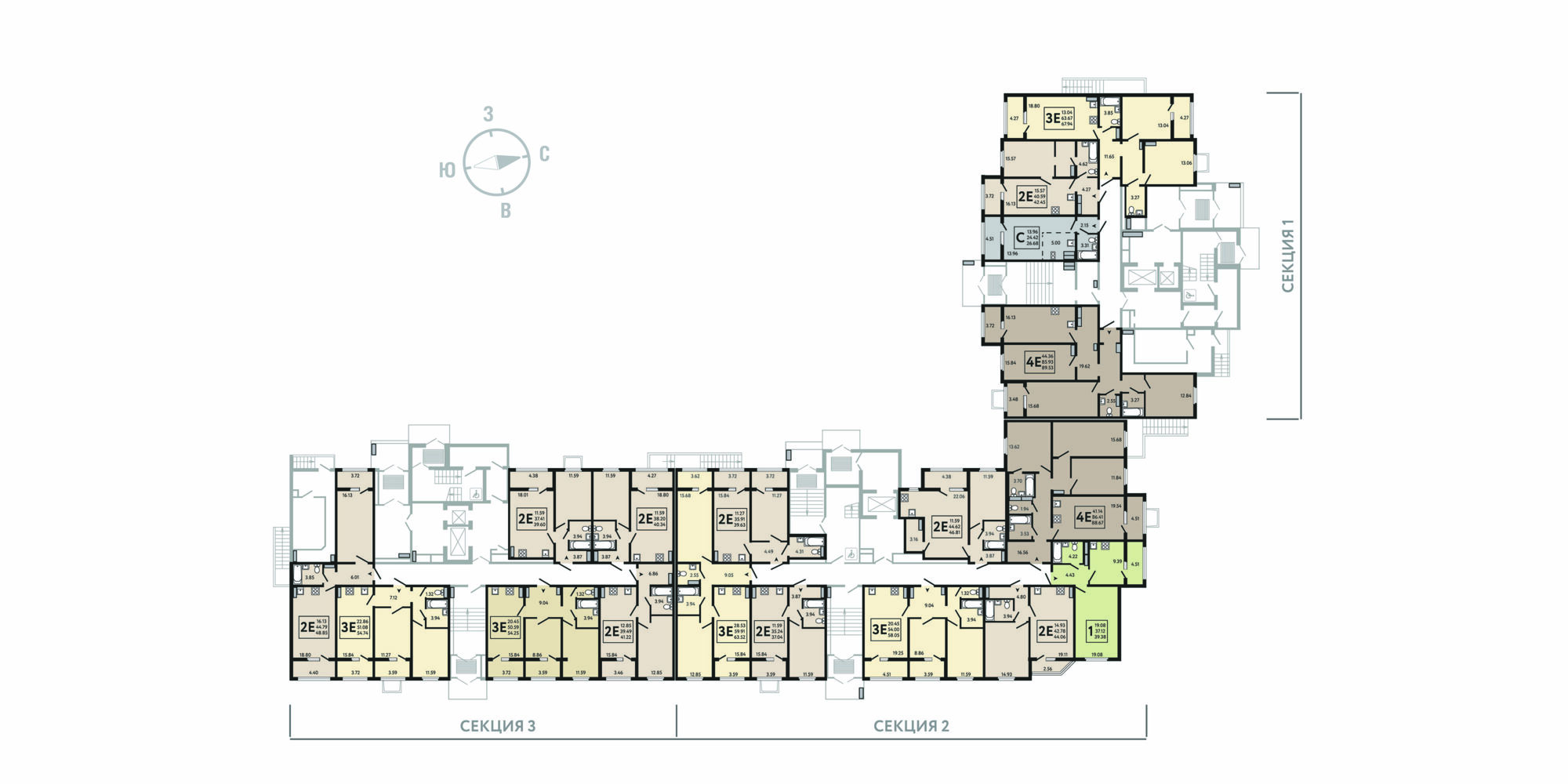 План этажа: 3-комнатная квартира, 89,53 м²