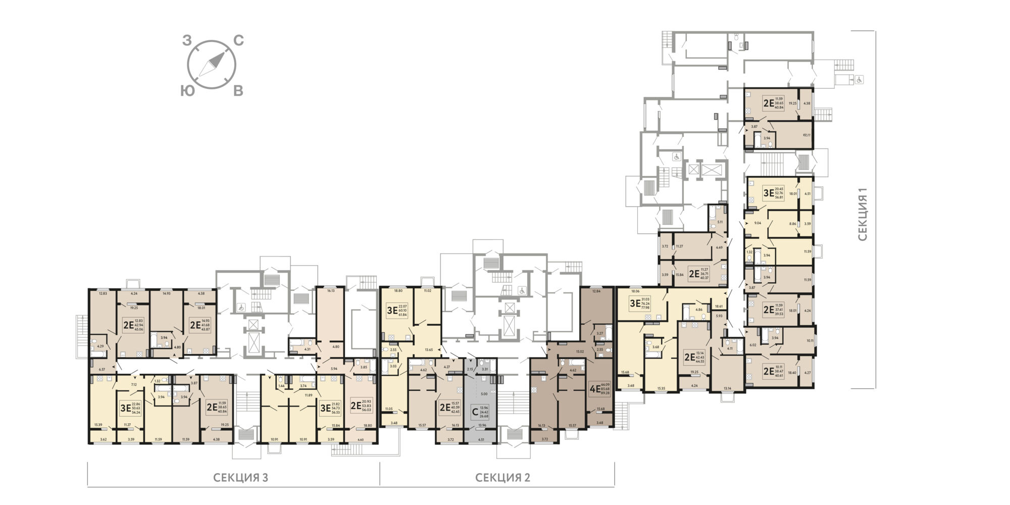 План этажа: 1-комнатная квартира, 42,45 м²