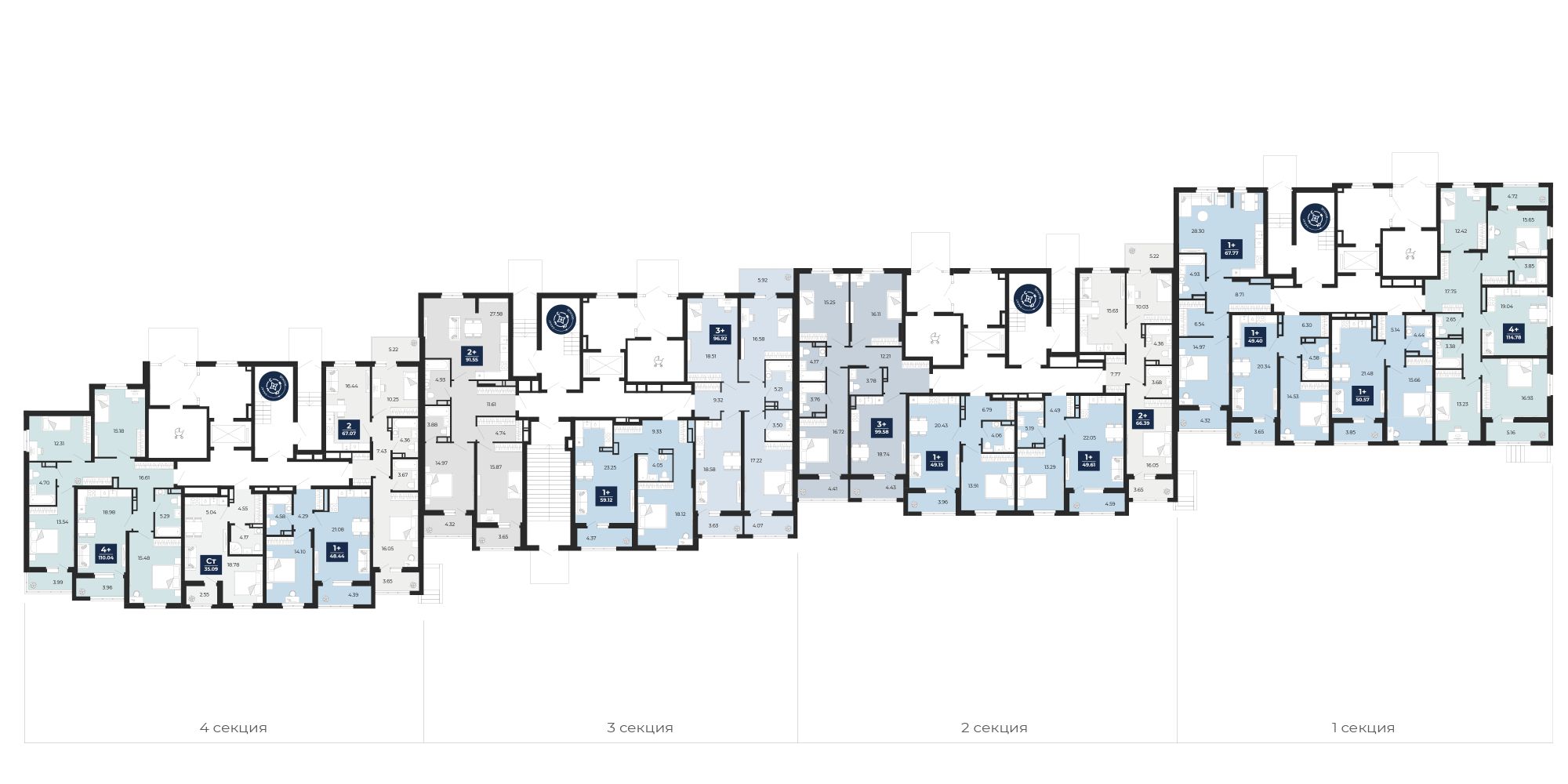 План этажа: 1-комнатная квартира, 49,61 м²